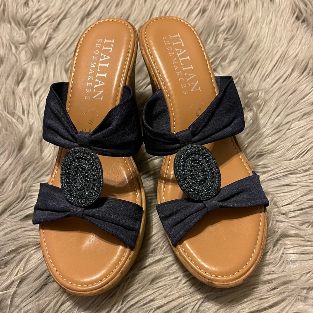ITALIAN SHOEMAKERS Navy Blue Cork Wedges